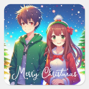 Niedlich Anime Couple   Frohe Weihnachten Quadratischer Aufkleber