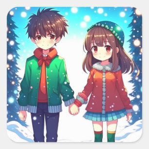Niedlich Anime Couple Holding Hands Weihnachten Quadratischer Aufkleber