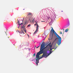 Niedlich Anime Couple   Valentine's Day Herz-Aufkleber