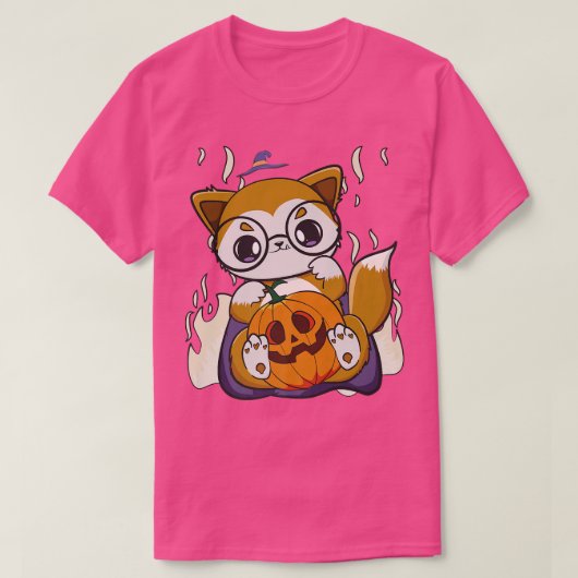 Niedlich Anime Fox hält Kawaii Pumpkin für Hallowe T-Shirt (Design vorne)