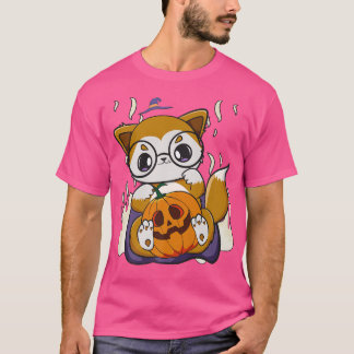 Niedlich Anime Fox hält Kawaii Pumpkin für Hallowe T-Shirt