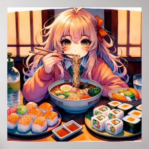 Niedlich Anime Girl Eating Ramen und Sushi Poster