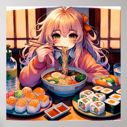 Niedlich Anime Girl Eating Ramen und Sushi Poster (Vorne)