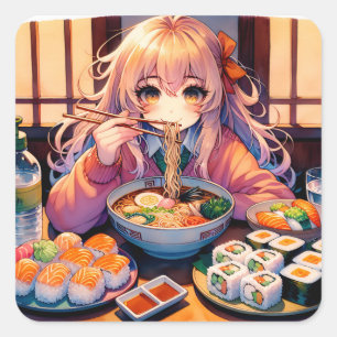 Niedlich Anime Girl Eating Ramen und Sushi Quadratischer Aufkleber