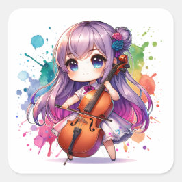 Niedlich Anime Girl Playing Cello Quadratischer Aufkleber