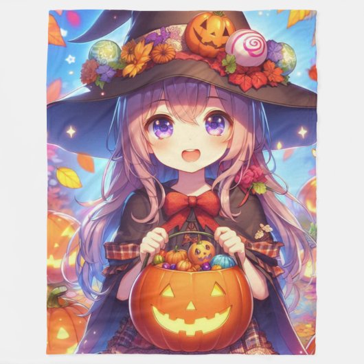 Niedlich Anime Halloween Hexe Fleecedecke (Vorderseite)