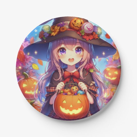 Niedlich Anime Halloween Hexe Pappteller (Vorderseite)