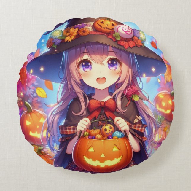 Niedlich Anime Halloween Hexe Rundes Kissen (Vorderseite)