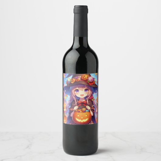 Niedlich Anime Halloween Hexe Weinetikett (Vorderseite)