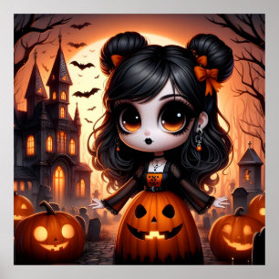 Niedlich animierte Girl, Spuk House und Pumpkins Poster