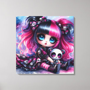 Niedlich animierte Puppe, Panda Bären und Skulls Leinwanddruck