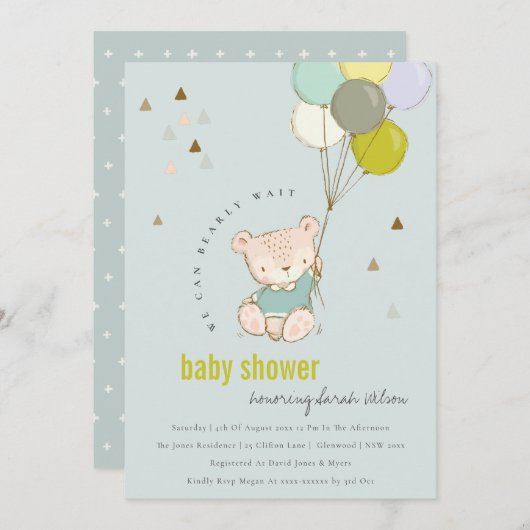 Niedlich Aqua Bearly Wait Balloon Baby Showeinladu Dankeskarte (Vorne/Hinten)