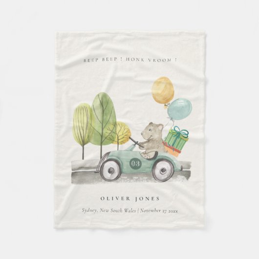 Niedlich Aqua Green Teddy Balloon Party Car Fleecedecke (Vorderseite)