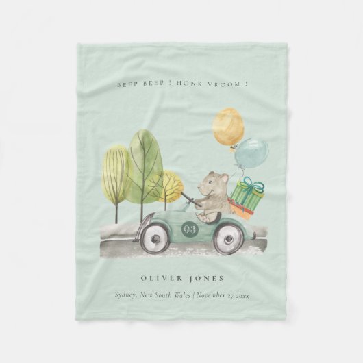 Niedlich Aqua Green Teddy Balloon Party Car Fleecedecke (Vorderseite)