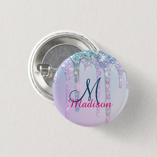 Niedlich Aqua Turquoise Unicorn Glitzer Tropfen Mo Button (Vorne & Hinten)