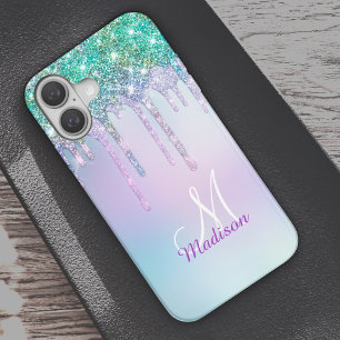 Niedlich Aqua Turquoise Unicorn Glitzer Tropfen Mo iPhone 16 Hülle