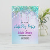 Niedlich Aqua Turquoise Unicorn Glitzer Tropfen Mo Einladung (Stehend Vorderseite)