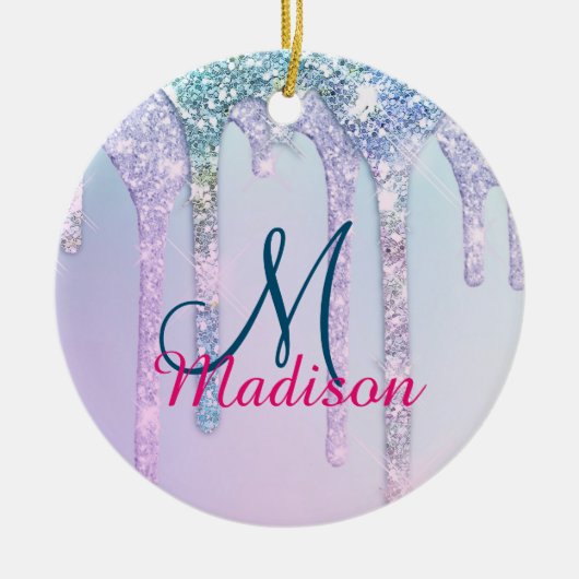 Niedlich Aqua Turquoise Unicorn Glitzer Tropfen Mo Keramik Ornament (Vorne)