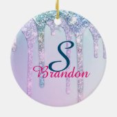 Niedlich Aqua Turquoise Unicorn Glitzer Tropfen Mo Keramik Ornament (Hinten)