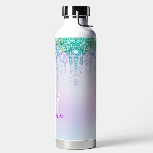 Niedlich Aqua Turquoise Unicorn Glitzer Tropfen Mo Trinkflasche (links)