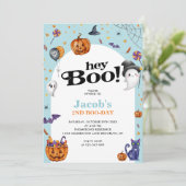 Niedlich Arch Blue Hey Boo Halloween Kindergeburts Einladung (Stehend Vorderseite)