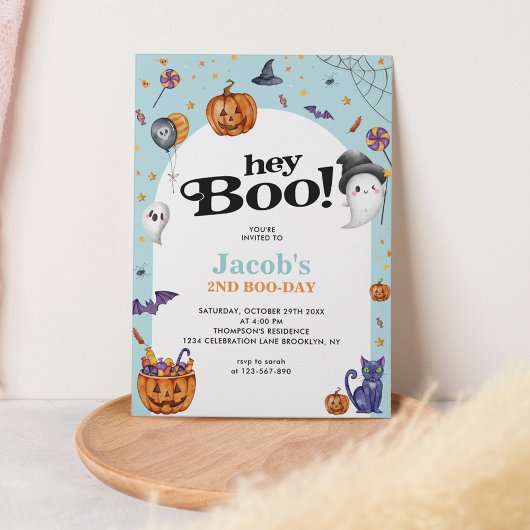 Niedlich Arch Blue Hey Boo Halloween Kindergeburts Einladung