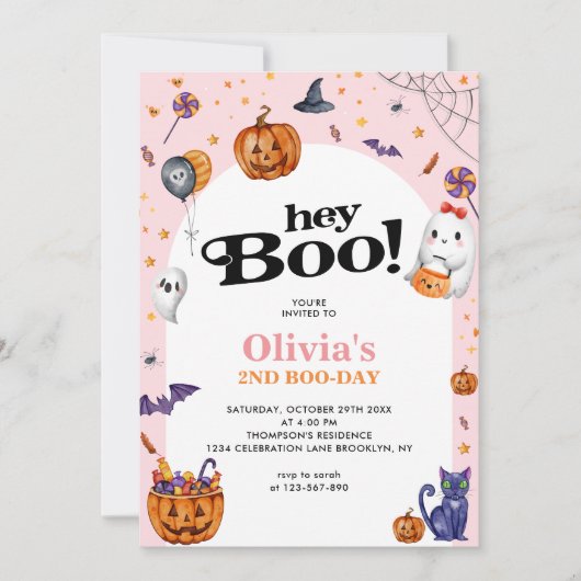 Niedlich Arch Pink Hey Boo Halloween Kindergeburts Einladung (Vorderseite)