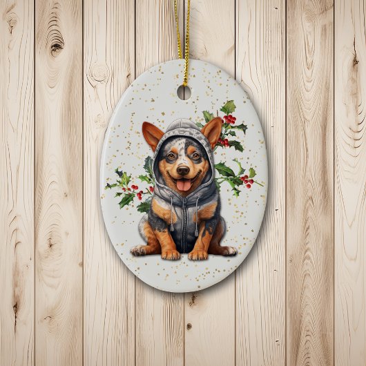 Niedlich Aussie Cattle Dog Christmas Holly Keramik Ornament