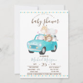 Niedlich Baby Animals Car, Zigzag Baby Dusche Einladung (Vorderseite)