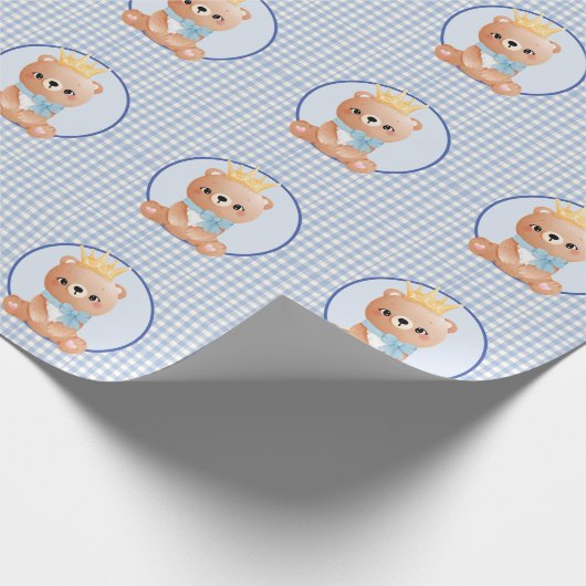 Niedlich Baby Bear Blue Gingham Geschenkpapier (Ecke)