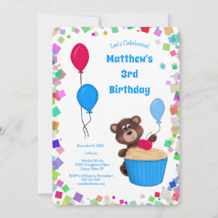 Niedlich Baby Bear Cupcake Blue Ballon Geburtstag Einladung