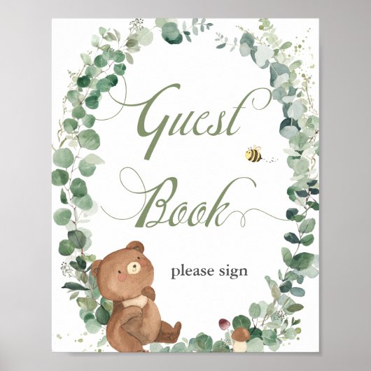 Niedlich Baby Bear Greenery Baby Shower Gästebuch (Vorne)
