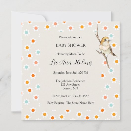 Niedlich Baby Bird Tiny Blume Kinderdusche Einladu Einladung (Vorderseite)