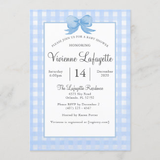 Niedlich Baby Blue Gingham mit Bow Baby Dusche Einladung