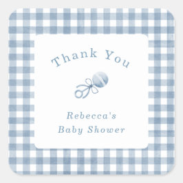 Niedlich Baby Boy Blue Gingham mit Rattle Danke Quadratischer Aufkleber