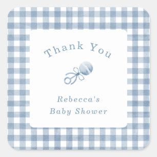 Niedlich Baby Boy Blue Gingham mit Rattle Danke Quadratischer Aufkleber
