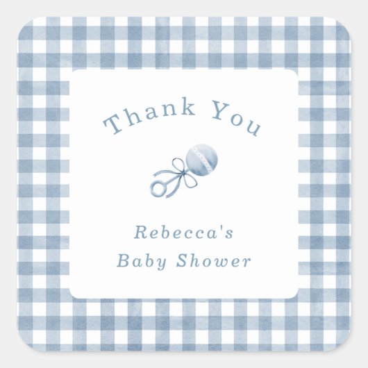 Niedlich Baby Boy Blue Gingham mit Rattle Danke Quadratischer Aufkleber (Vorderseite)
