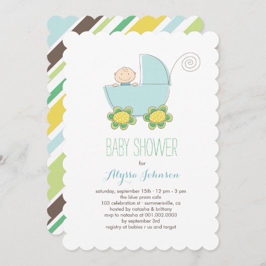 Niedlich Baby Boy Blue Pram Baby Dusche laden ein Einladung (Vorne/Hinten)