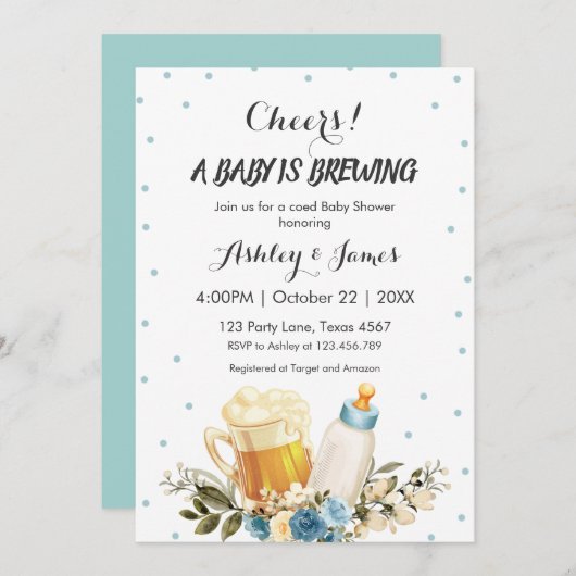 Niedlich Baby Boy Brewing Blue Cheers Baby Dusche Einladung (Vorne/Hinten)