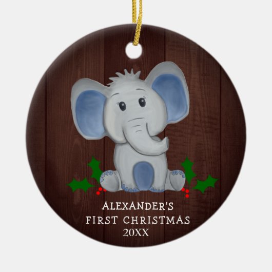 Niedlich Baby Boy Elephant Erstes Weihnachtsfest F Keramik Ornament (Vorne)