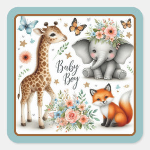 Niedlich Baby Boy Elephant, Fox und Giraffe Quadratischer Aufkleber