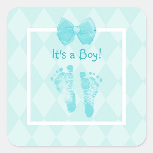 Niedlich Baby Boy Footprints Baby Shower Blue Ribb Quadratischer Aufkleber (Vorderseite)
