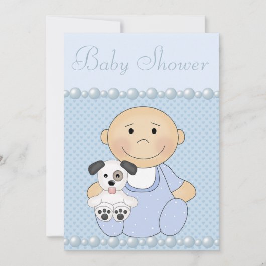 Niedlich Baby Boy & Puppy Blue Baby Dusche Einladung (Vorderseite)