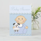 Niedlich Baby Boy & Puppy Blue Baby Dusche Einladung (Stehend Vorderseite)
