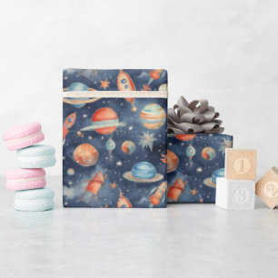 Niedlich Baby Boy Space Planet Watercolor Blue Ora Geschenkpapier