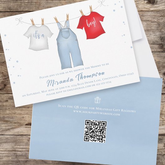 Niedlich Baby Boy Whimsical Denim Blue QR Code Einladung