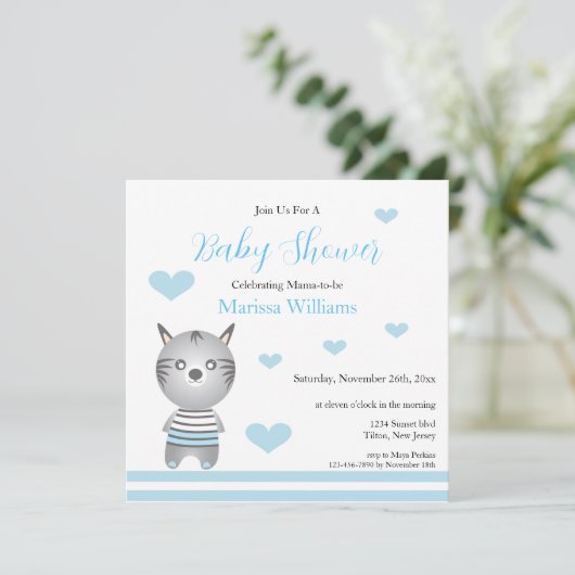 Niedlich Baby Boy Zebra Blue Hearts Einladung (Stehend Vorderseite)