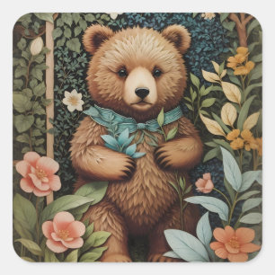 Niedlich Baby Brown Bear William Morris Inspiriert Quadratischer Aufkleber