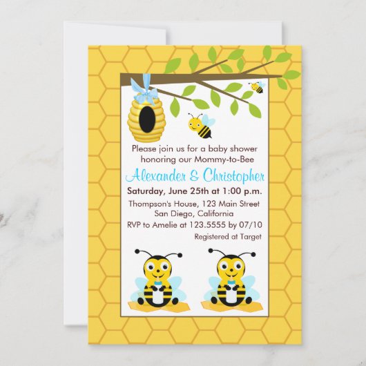 Niedlich Baby Bumblebee Twin Boy Baby Dusche Einladung (Vorderseite)
