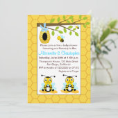 Niedlich Baby Bumblebee Twin Boy Baby Dusche Einladung (Stehend Vorderseite)